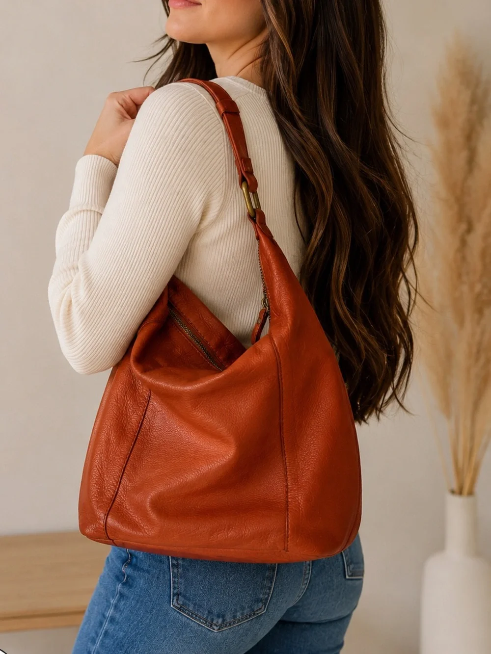 American Leather Co Cognac Leather Hobo Shoulder Bag